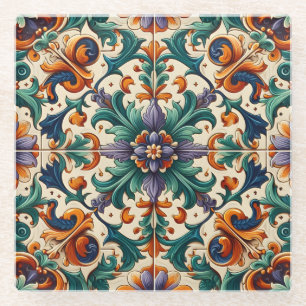 Green Orange Purple Portuguese Azulejos Tiles Art Glass Coaster
