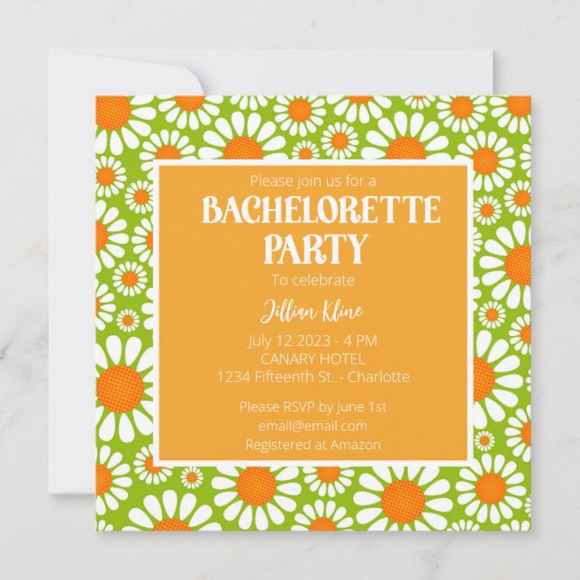 Green Orange Retro Daisy Bachelorette Itinerary Invitation (Front)
