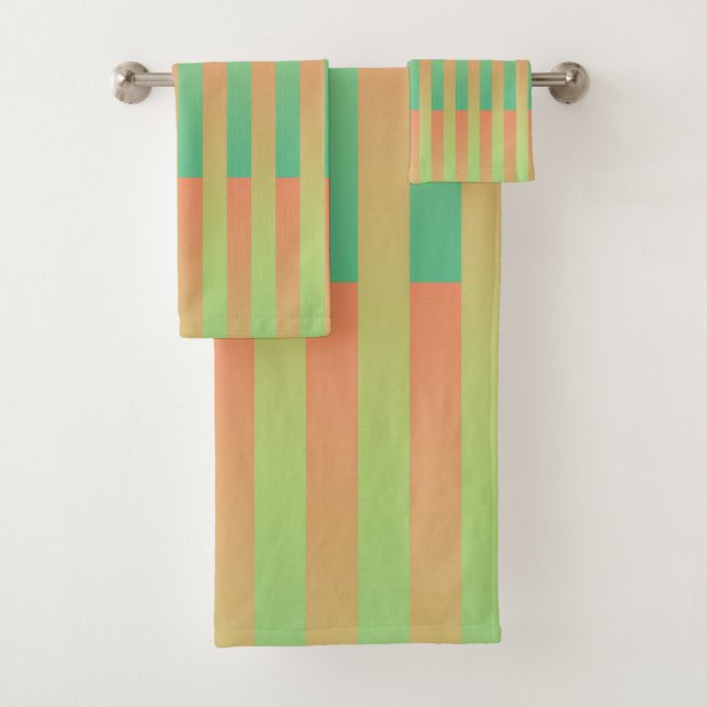 Green Orange Striped Pattern Bath Towel Set (Insitu)