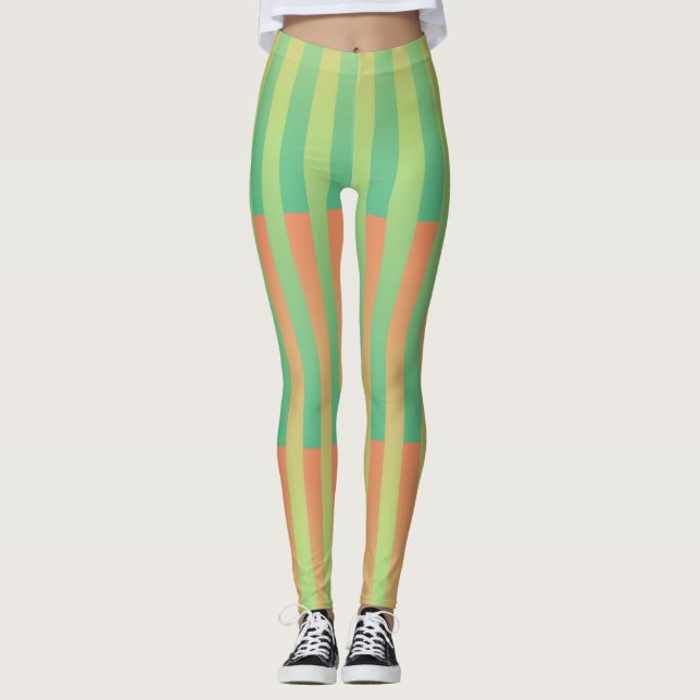 Green Orange Striped Pattern Leggings (Front)