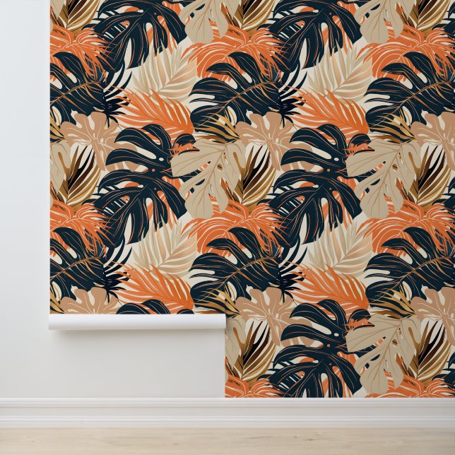 Green Orange Summer Tropical Monstera Leaves Wallpaper (Application)