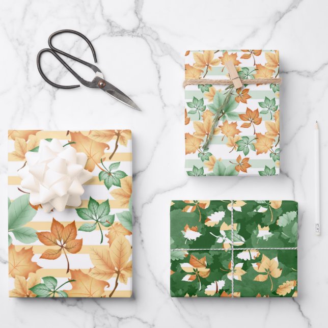 GREEN ORANGE TAN FALL AUTUMN LEAVES WRAPPING PAPER SHEET (Front)