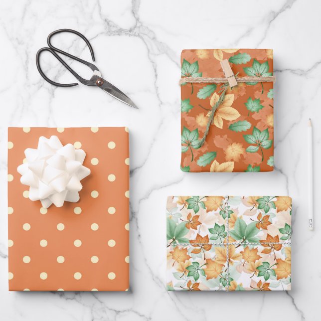 GREEN ORANGE TAN FALL AUTUMN LEAVES WRAPPING PAPER SHEET (Front)