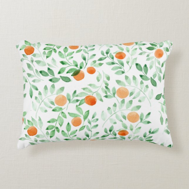 Green Orange Tangerine Provence Watercolor Accent Pillow (Front)