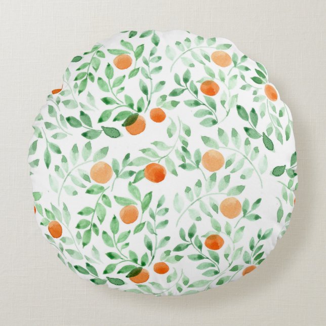 Green Orange Tangerine Provence Watercolor Round Pillow (Front)