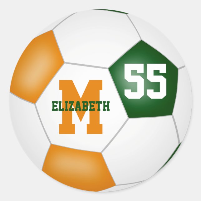 green orange team colours soccer ball personalized classic round sticker (Front)
