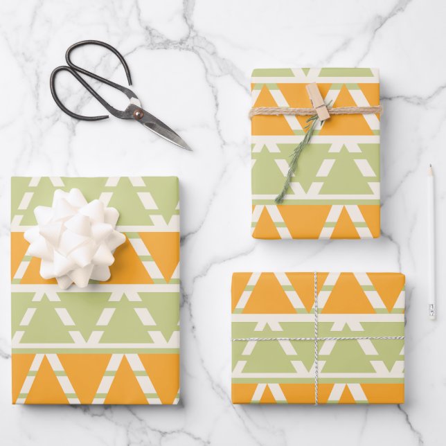 Green Orange Triangle Stripes Pattern Wrapping Paper Sheet (Front)