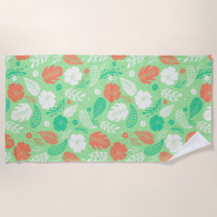 Green & Orange Tropical Foliage Pattern Beach Towel