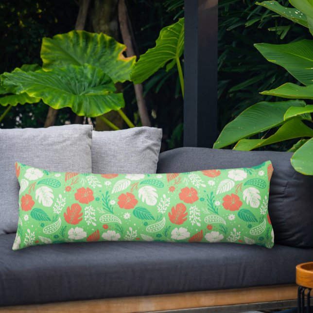 Green & Orange Tropical Foliage Pattern Body Pillow (Hibiscus & Paisley Tropical Pattern in Green Body Pillow)