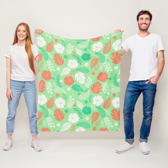 Green & Orange Tropical Foliage Pattern Fleece Blanket (In Situ)