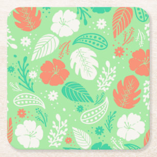 Green & Orange Tropical Foliage Pattern Square Paper Coaster