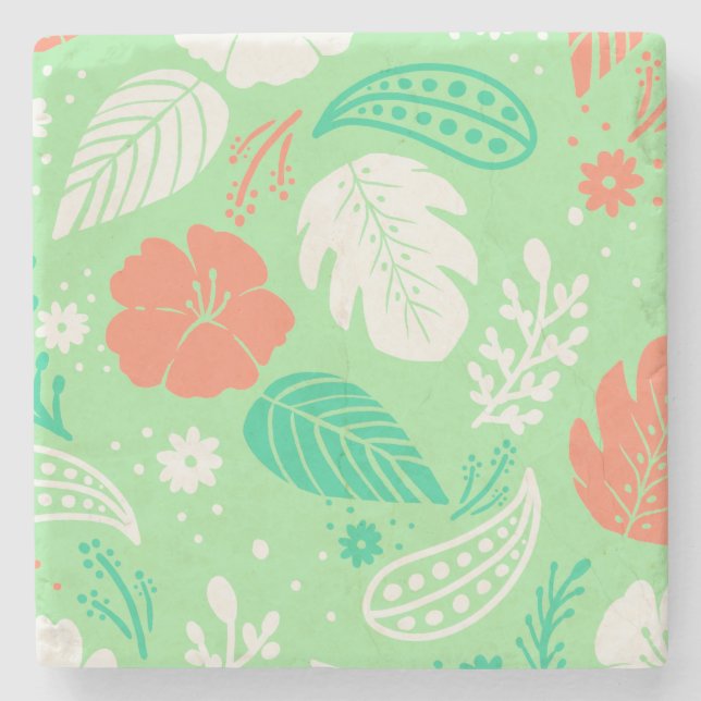 Green & Orange Tropical Foliage Pattern Stone Coaster (Front)