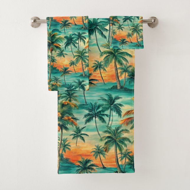 GREEN & ORANGE TROPICAL SUNSET SCENE BATH TOWEL SET (Insitu)