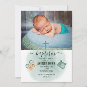 GREEN & ORANGE WATERCOLOR BABY BAPTISM INVITATION