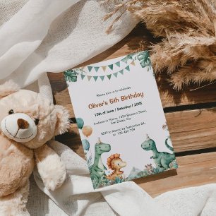 Green & Orange Watercolor Dinosaur Theme Birthday Invitation