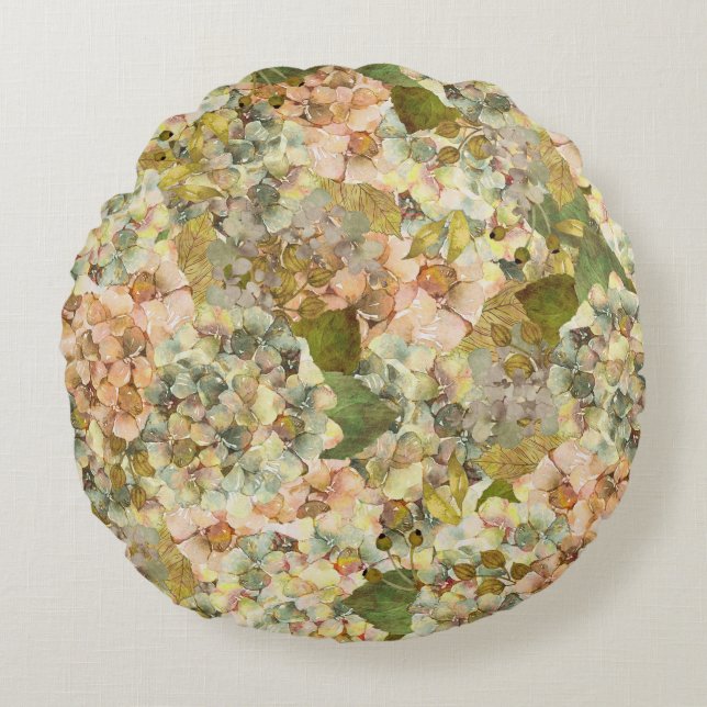 GREEN & ORANGE WATERCOLOR HYDRANGEAS ROUND PILLOW (Front)