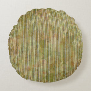 GREEN & ORANGE WATERCOLOR HYDRANGEAS & STRIPES ROUND PILLOW