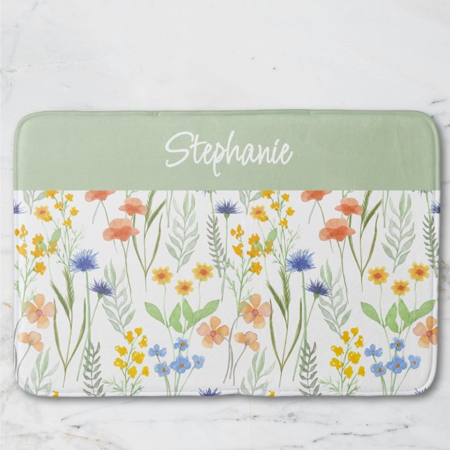 Green Orange Watercolor Wildflower Bath Mat (Creator Uploaded)