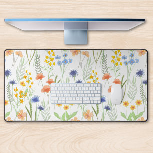 Green Orange Watercolor Wildflower  Desk Mat