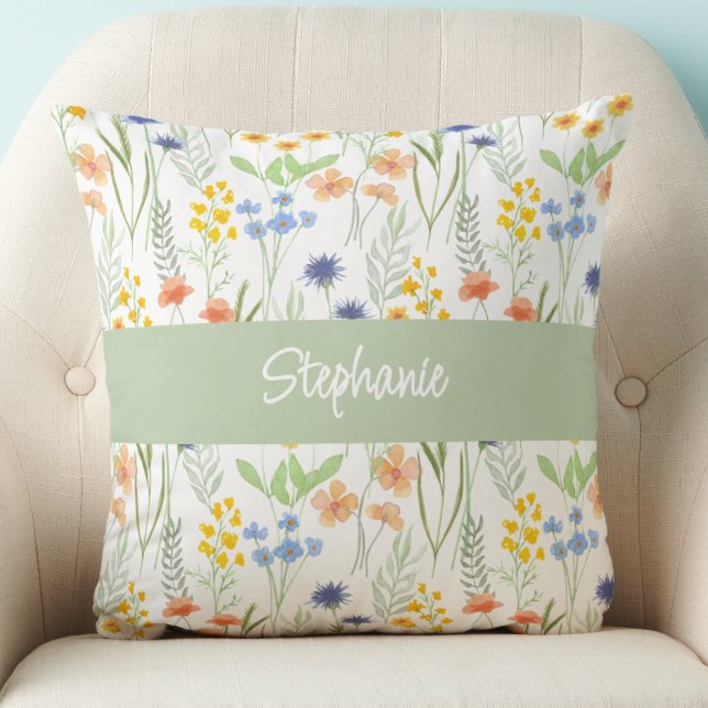 Green Orange Watercolor Wildflower Monogram Name Throw Pillow (Creator Uploaded)