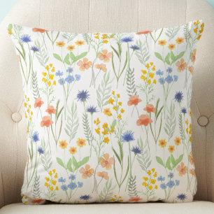 Green Orange Watercolor Wildflower Throw Pillow