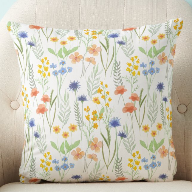 Green Orange Watercolor Wildflower Throw Pillow (Creator Uploaded)