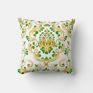 Green Orange White Damask Floral Pattern Elegant  Throw Pillow