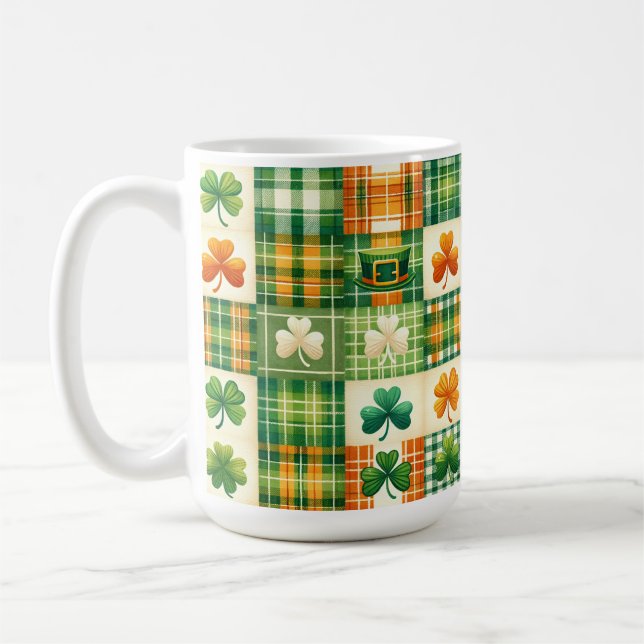 GREEN ORANGE WHITE IRISH PLAID PATCHWORK PATTERN COFFEE MUG (Left)