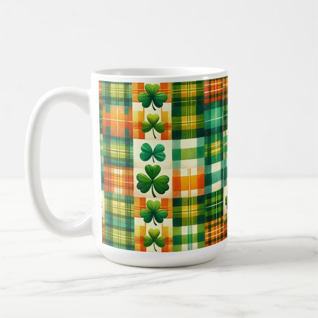 GREEN ORANGE WHITE IRISH PLAID PATCHWORK PATTERN COFFEE MUG (Left)