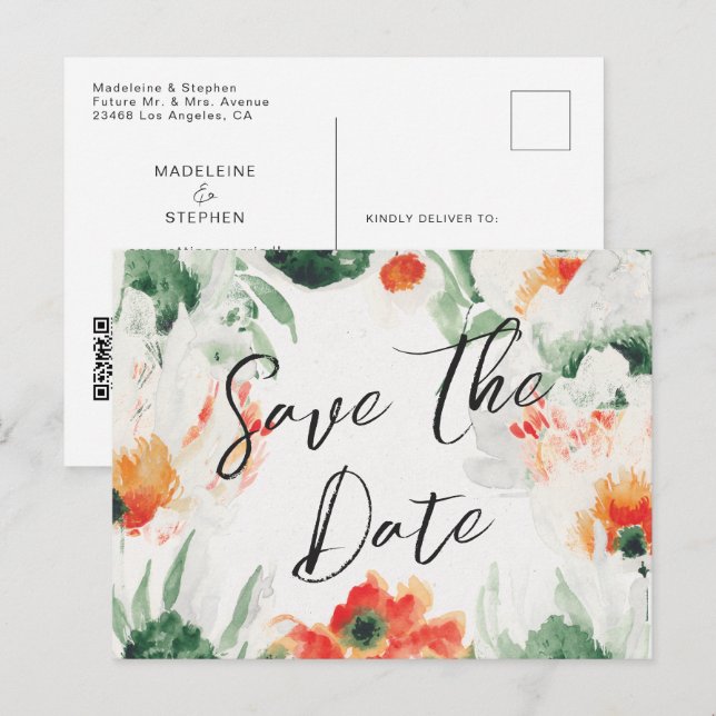 Green & orange Wildflowers QR Code Save the Date Announcement Postcard (Front/Back)