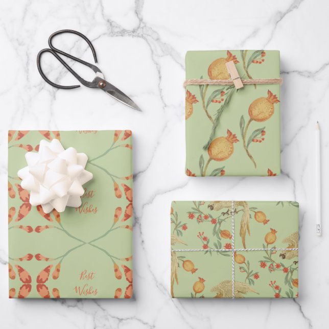 Green & Orange Wrapping Paper Flat Sheet Set of 3 (Front)
