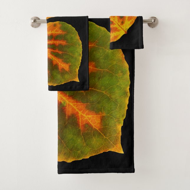 Green Orange & Yellow Aspen Leaf #1 Bath Towel Set (Insitu)