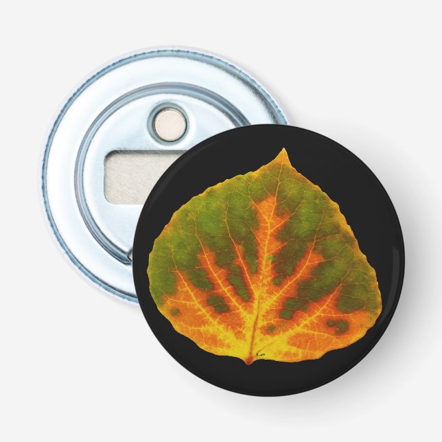 Green Orange & Yellow Aspen Leaf #1 Bottle Opener (Front)