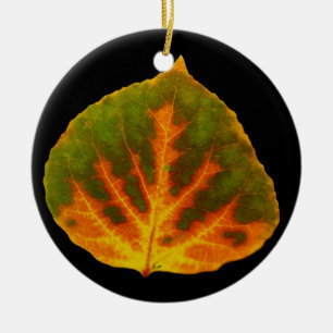 Green Orange & Yellow Aspen Leaf #1 Ceramic Ornament