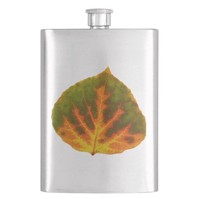 Green Orange & Yellow Aspen Leaf #1 Hip Flask (Front)