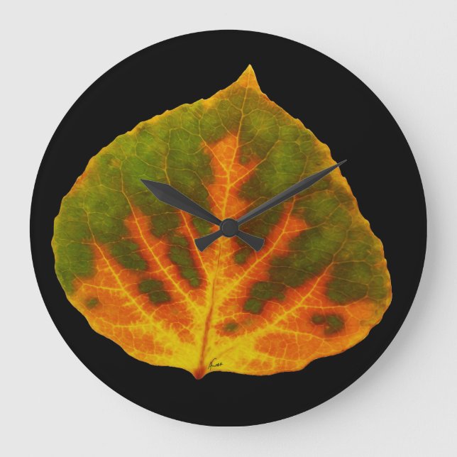 Green Orange & Yellow Aspen Leaf #1 Large Clock (Front)