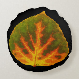 Green Orange & Yellow Aspen Leaf #1 Round Pillow