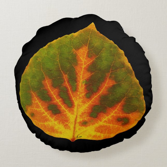 Green Orange & Yellow Aspen Leaf #1 Round Pillow (Back)