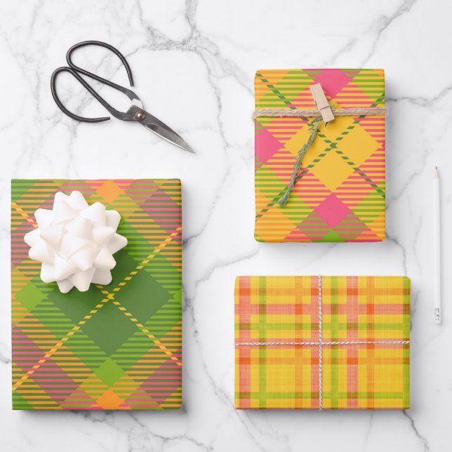GREEN ORANGE YELLOW PINK PLAID PATTERNS WRAPPING PAPER SHEET (Front)