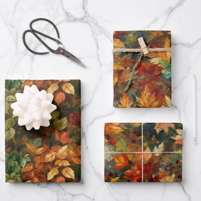 GREEN ORANGE YELLOW RED AUTUMN FALL LEAVES WRAPPING PAPER SHEET (Front)