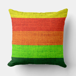 Green Orange Yellow Stripes Burlap Rustic Jute Throw Pillow