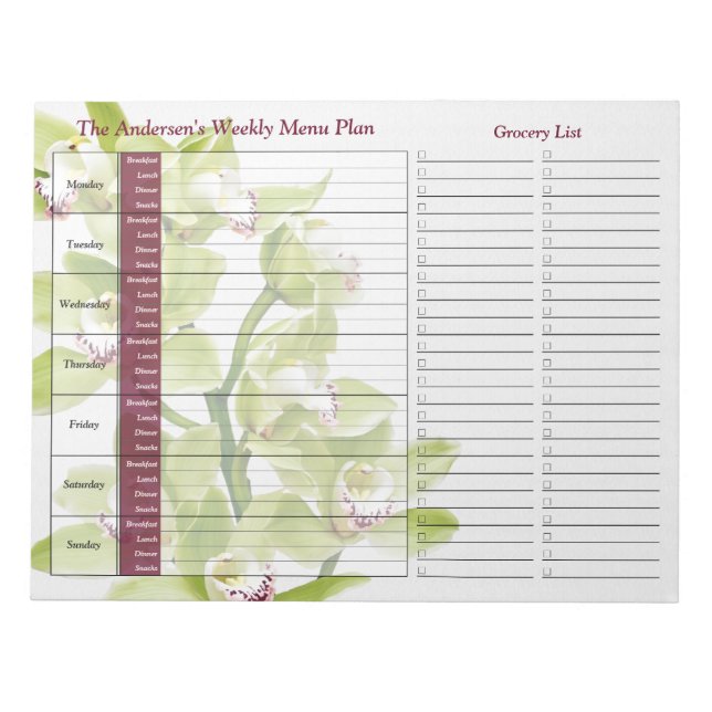Green Orchid Weekly Personalized Meal Planner Notepad (Front)