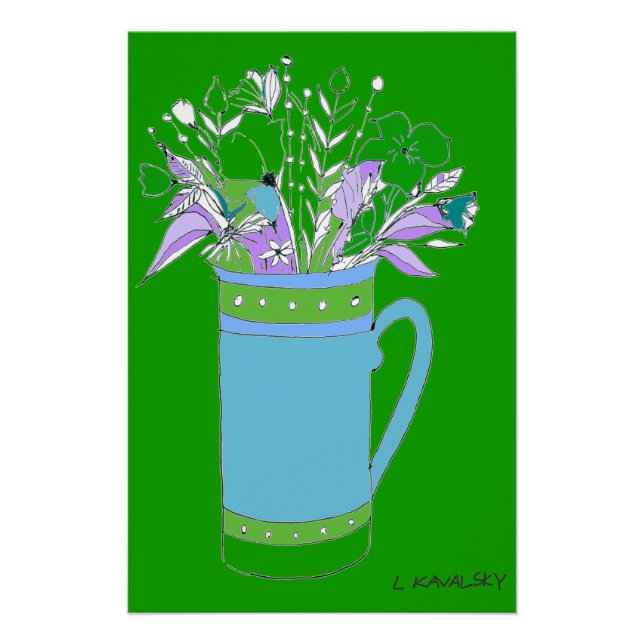 Green Original Colourful Flowers In A Mug Poster  (Front)