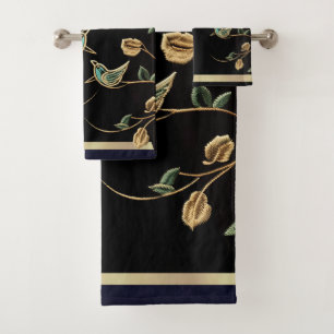 Green Oriole\Gold Leaf Embroidered\Bath Towel Set