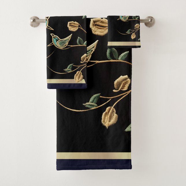Green Oriole\Gold Leaf Embroidered\Bath Towel Set (Insitu)