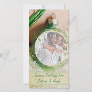 Green Ornament And Snow Photo Holiday Card
