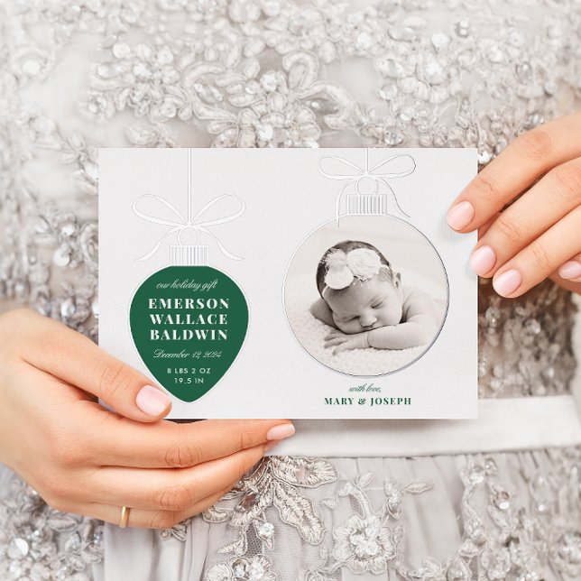 Green Ornament Baby Announcement Holiday Card (Creator Uploaded)