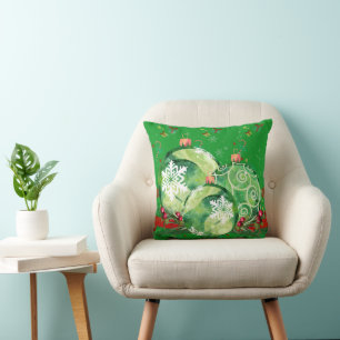 Green Ornaments and Red Berries on Green Throw Pillow