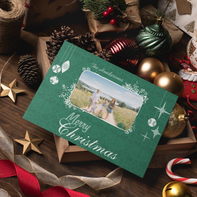 Green Ornaments Retro Christmas Family  Photo Holiday Postcard (Creator Uploaded)