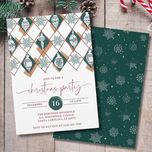 Green Ornaments Snowflakes Christmas Party Invitation (Creator Uploaded)